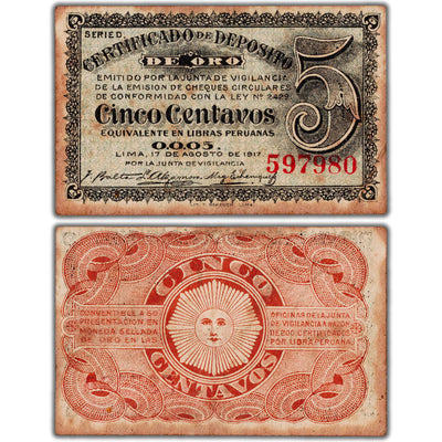 Peru 1917 5 Five Centavos Note Gold Deposit Certificate P#29 - Fine