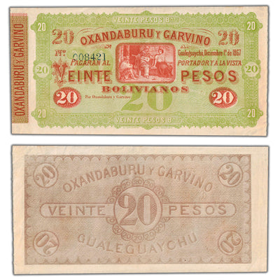 SOLD Argentina 1867 20 Pesos Remainder Note P #S1778r