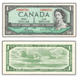 SOLD $1 1954 Bank of Canada Note I/F Prefix BC-37c - Lower Serial Number #701