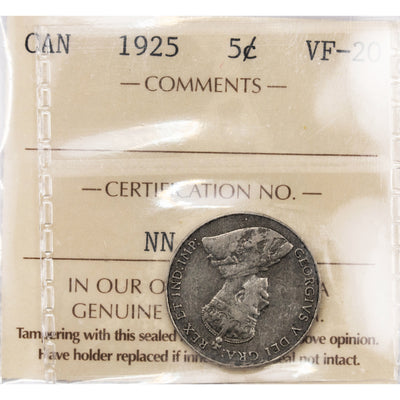 SOLD Canada 1925 5 Cents Nickel Coin - Key Date - ICCS VF-20