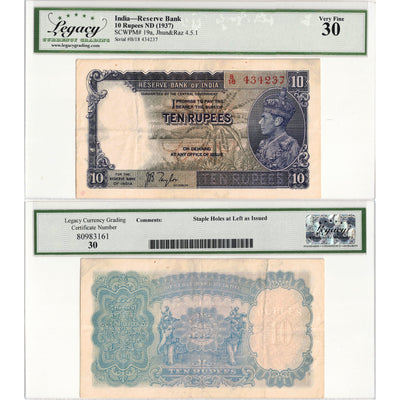 India ND (1937) 10 Rupees Note P #19a - Legacy VF-30