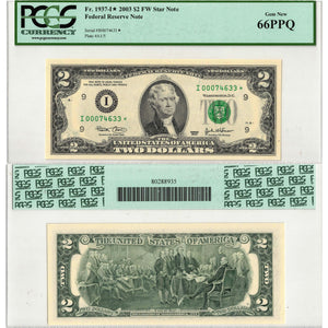 SOLD United States 2003 $2 Star Note Minneapolis Fr. 1937-I - PCGS Gem UNC-66 PPQ