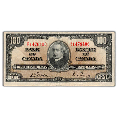 SOLD $100 1937 Bank of Canada Note Gordon-Towers B/J Prefix BC-27b - F/VF