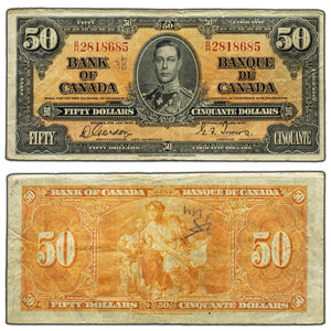 SOLD $50 1937 Bank of Canada Note Gordon-Towers B/H Prefix BC-26b - Writing