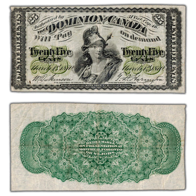 25 Cents 1870 Dominion of Canada Shinplaster Note Plain DC-1c - VF+