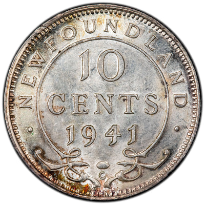 Newfoundland 1941-C 10 Ten Cents Silver Coin - Choice AU - Nice Colour!