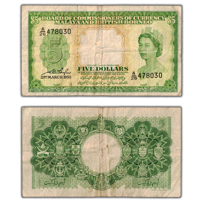 Malaya & British Borneo 1953 $5 Five Dollars Note P #2a