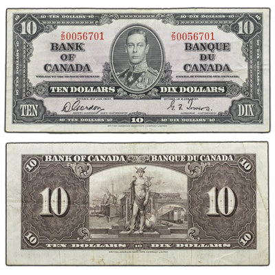 SOLD $10 1937 Bank of Canada Note Z/D Scarce Changeover Prefix BC-24b - VF