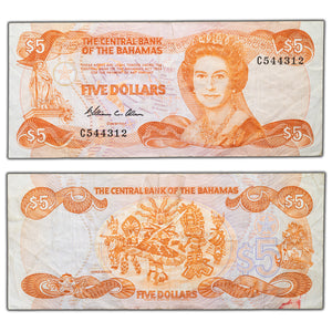 SOLD Bahamas 1974 (1984) $5 Five Dollars Note P #45a - VF (tear/tape)