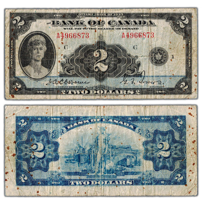 SOLD $2 1935 Bank of Canada Note English Text BC-3 - Fine (stained/rust)
