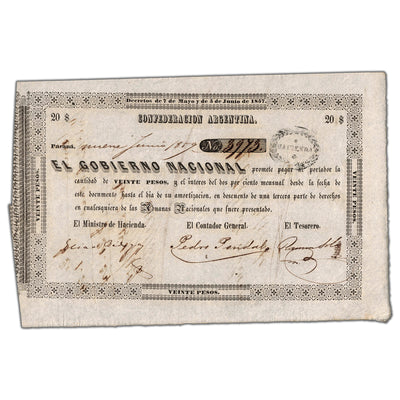 SOLD Argentina Confederacion 1857 (1859) 20 Pesos Note - EF+