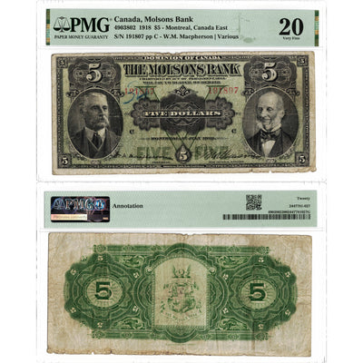 $5 1918 Molsons Bank Canada Chartered Note #490-38-02 - PMG VF-20