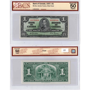 SOLD $1 1937 Bank of Canada Note Gordon-Towers C/M Prefix BC-21c - BCS AU-50