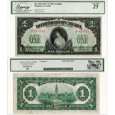$1 1917 Dominion of Canada Note Saunders ONE at Right Series U DC-23b - Legacy VF-25