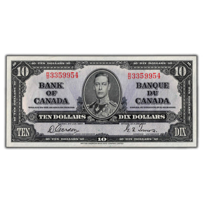 SOLD $10 1937 Bank of Canada Note Gordon-Towers R/D Prefix BC-24b - AU/UNC