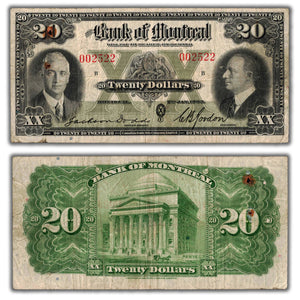 SOLD $20 1935 Bank of Montreal Canada Chartered Note CH #505-60-06 - Rust/Holes