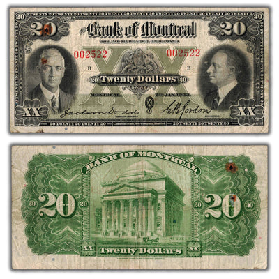 SOLD $20 1935 Bank of Montreal Canada Chartered Note CH #505-60-06 - Rust/Holes