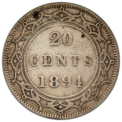 Newfoundland 1894 Obverse 2 20 Cents Silver Coin - Fine