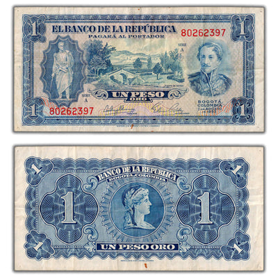 SOLD Colombia 1953 1 One Peso Note P #398 - Pinholes