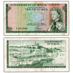 SOLD Malta ND (1963) 10 Ten Shillings Note P #25a - VF (tape)