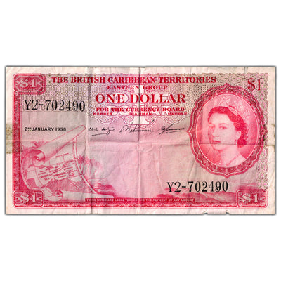 British Caribbean Territories 1958 $1 One Dollar Note P #7c - Large Tear