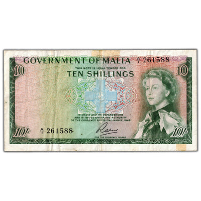 Malta ND (1963) 10 Ten Shillings Note P #25a - VF (tape)