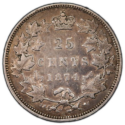 Canada 1874-H 25 Cents Quarter Silver Coin - VF (cleaned)
