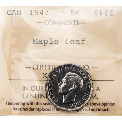 SOLD Canada Specimen 1947 Maple Leaf 5 Cents Nickel Coin - ICCS SP-66