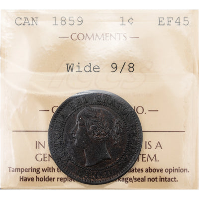 Canada 1859 Wide 9/8 1 Large Cent Coin - ICCS EF-45