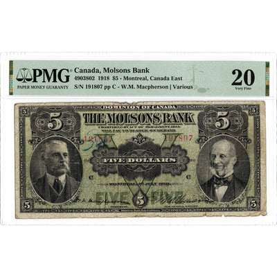 $5 1918 Molsons Bank Canada Chartered Note #490-38-02 - PMG VF-20