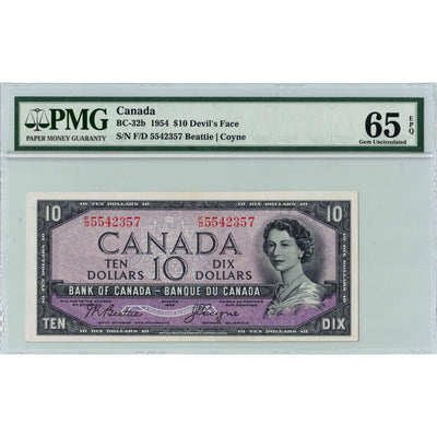 SOLD $10 1954 Bank of Canada Note Devil Face F/D Prefix BC-32b - PMG Gem UNC-65 EPQ
