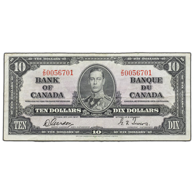 SOLD $10 1937 Bank of Canada Note Z/D Scarce Changeover Prefix BC-24b - VF