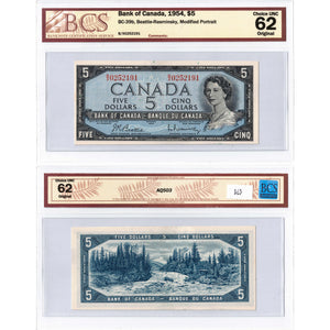 SOLD $5 1954 Bank of Canada Note Beattie-Rasminsky B/X Prefix BC-39b - BCS UNC-62