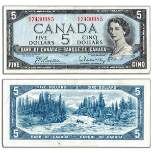 SOLD $5 1954 Bank of Canada Note Beattie-Rasminsky K/X Prefix BC-39b - Circ.