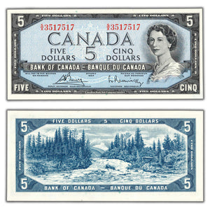 SOLD $5 1954 Bank of Canada Note Bouey-Rasminsky S/X Prefix BC-39c - AU/UNC