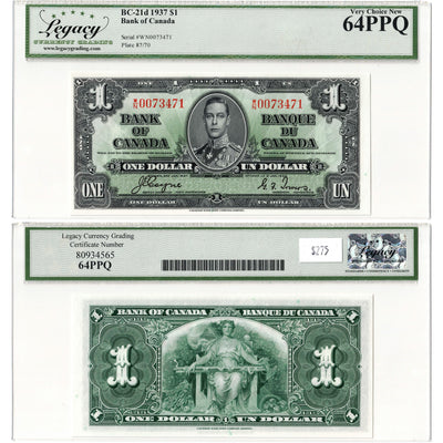 SOLD $1 1937 Bank of Canada Note Coyne-Towers W/N Prefix BC-21d - Legacy UNC-64 PPQ