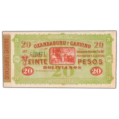 SOLD Argentina 1867 20 Pesos Remainder Note P #S1778r
