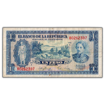 SOLD Colombia 1953 1 One Peso Note P #398 - Pinholes