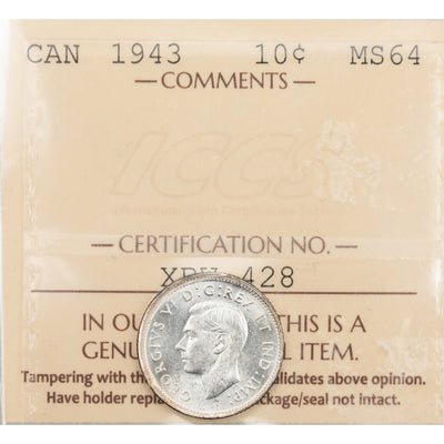 Canada 1943 10 Cents Dime Silver Coin - ICCS MS-64
