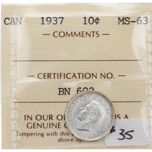 SOLD Canada 1937 10 Cents Dime Silver Coin - ICCS MS-63