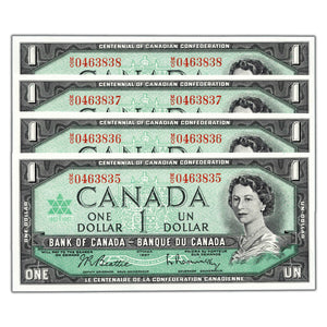 SOLD $1 1967 Bank of Canada Notes M/O Prefix BC-45b - 4 Consecutive Choice Uncirculated