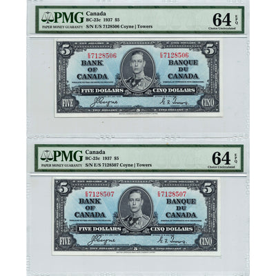$5 1937 Bank of Canada Notes E/S Prefix BC-23c - 2 Consecutive PMG Ch UNC-64 EPQ
