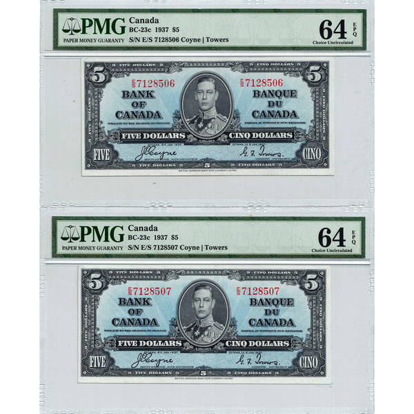 $5 1937 Bank of Canada Notes E/S Prefix BC-23c - 2 Consecutive PMG Ch ...