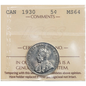 Canada 1930 5 Cents Nickel Coin - ICCS MS-64