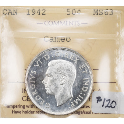 SOLD Canada 1942 50 Cents Half Dollar Silver Coin - ICCS MS-63 Cameo