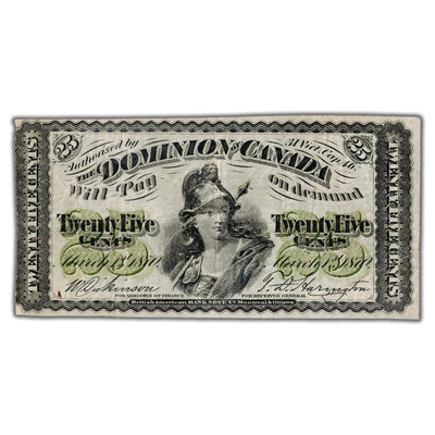 25 Cents 1870 Dominion of Canada Shinplaster Note Plain DC-1c - VF+