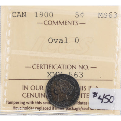 SOLD Canada 1900 Oval '0' 5 Cents Silver Coin - ICCS MS-63