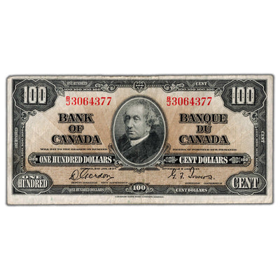 $100 1937 Bank of Canada Note Gordon-Towers B/J Prefix BC-27b - VF