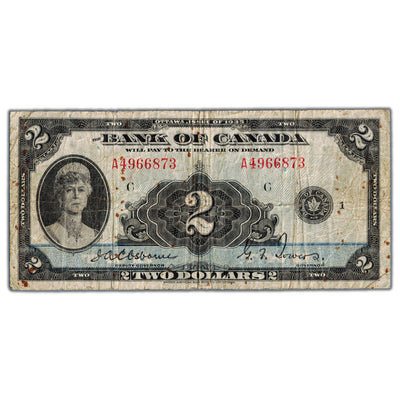 SOLD $2 1935 Bank of Canada Note English Text BC-3 - Fine (stained/rust)