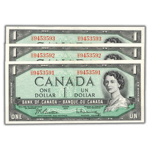 SOLD $1 1954 Bank of Canada Notes U/O Prefix BC-37b - 3 Consecutive - AU/UNC